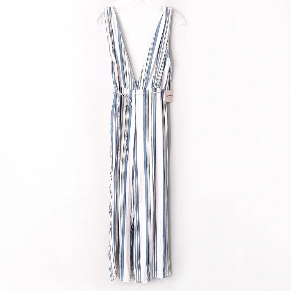 Superdown Bette Deep V Jumpsuit Rayon Multi Stripe Revolve Blue White Pi… - Picture 2 of 16